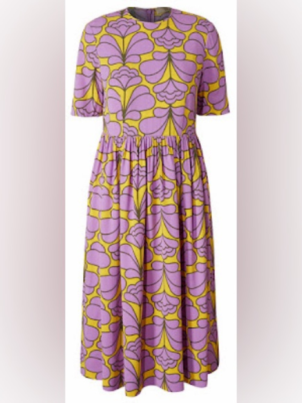 Orla Kiely Lilac & Yellow Damask Flower Retro Mod Gathered Midi Dress US 10